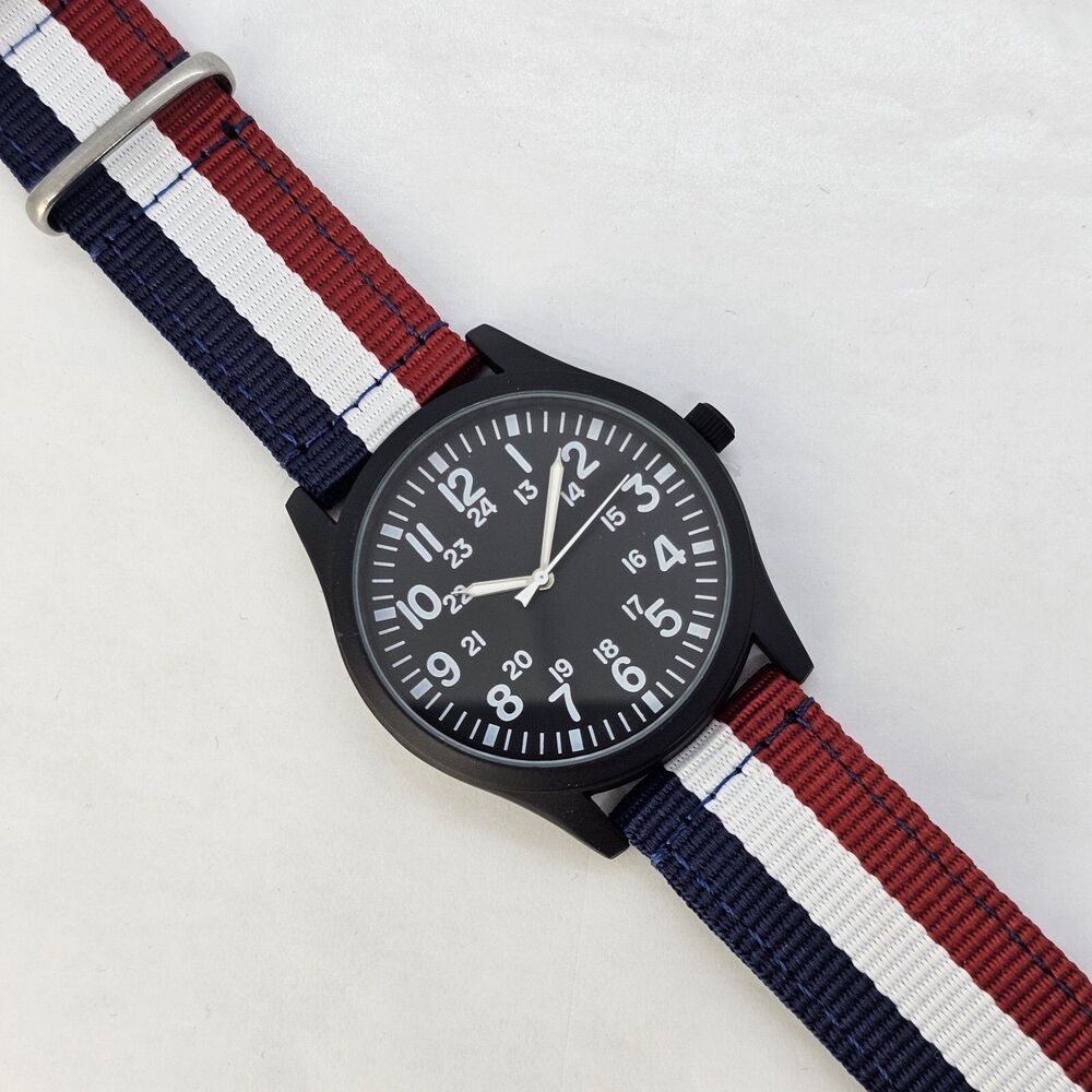 Men's 42MM Field Watch‎ Black Dial Blue White Red Canvas Band Straps